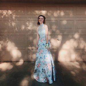 Baby blue, flower patterned prom dress